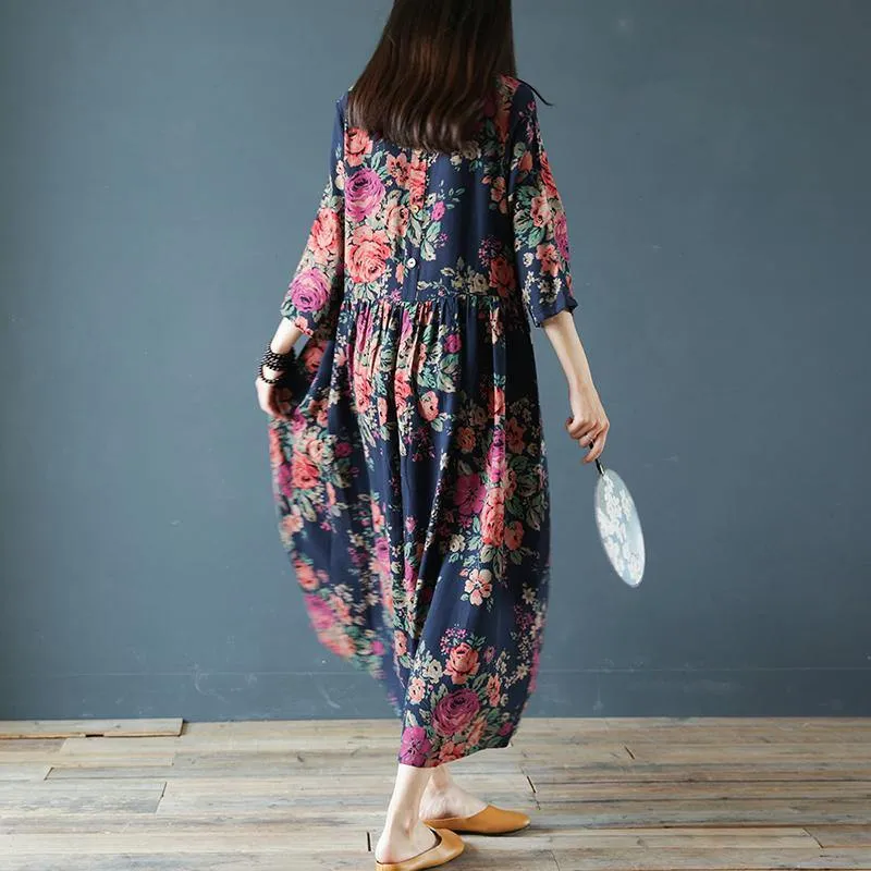 100% O Neck Cotton Linen Robes Work Outfits Navy Prints Dress