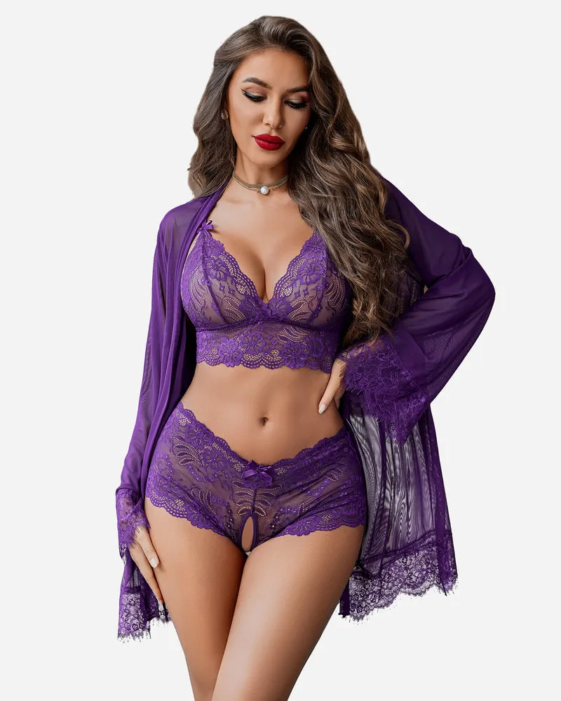 3 Piece Lace Kimono Robe with Bra and Panty