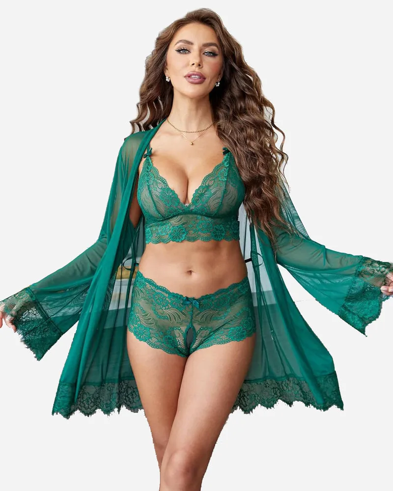 3 Piece Lace Kimono Robe with Bra and Panty