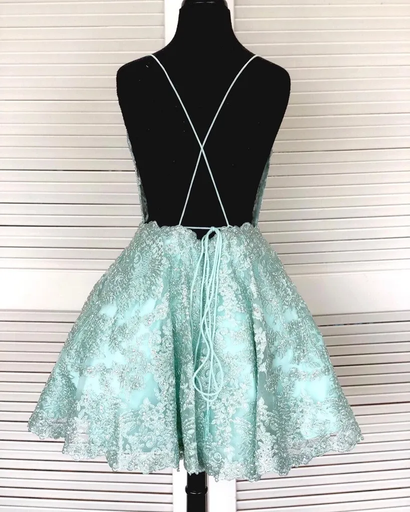 A-Line Light Blue Lace Cute Homecoming Dress Short Prom Dress #MHL083