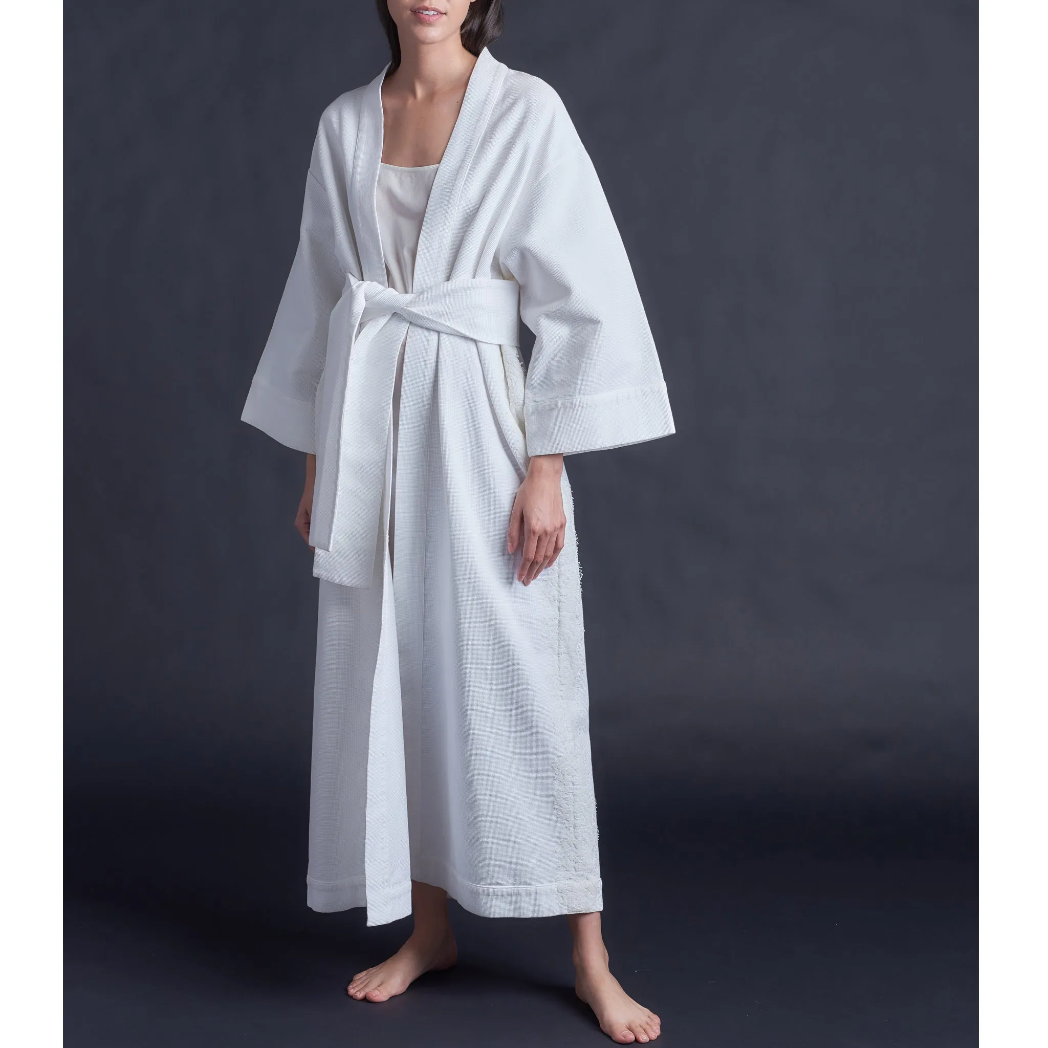 Asteria Kimono Robe in Swiss Cotton Waffle Pique with Lace