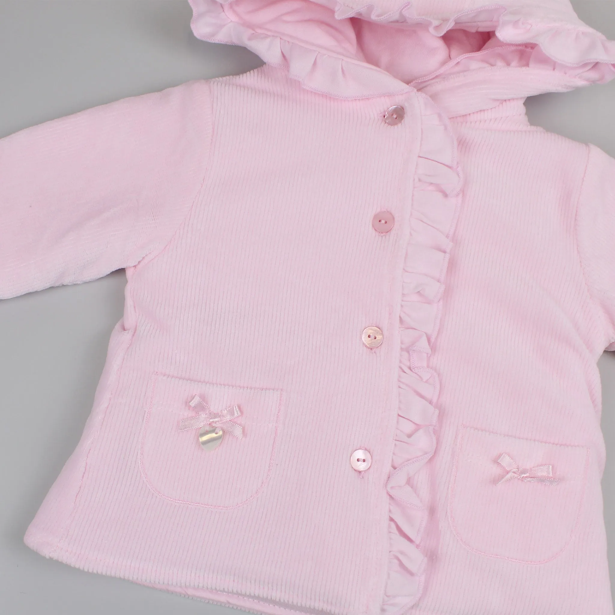 Baby Girls Corded Padded Coat With Hood - Pink