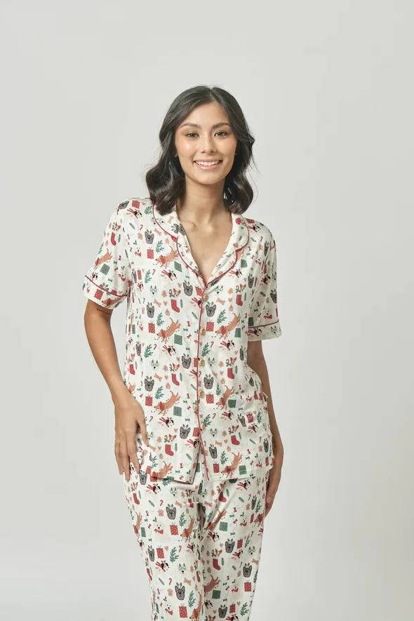 Bamberry Holiday 2023 Adult Short Sleeves Button Down PJ Set, Xmas Dog