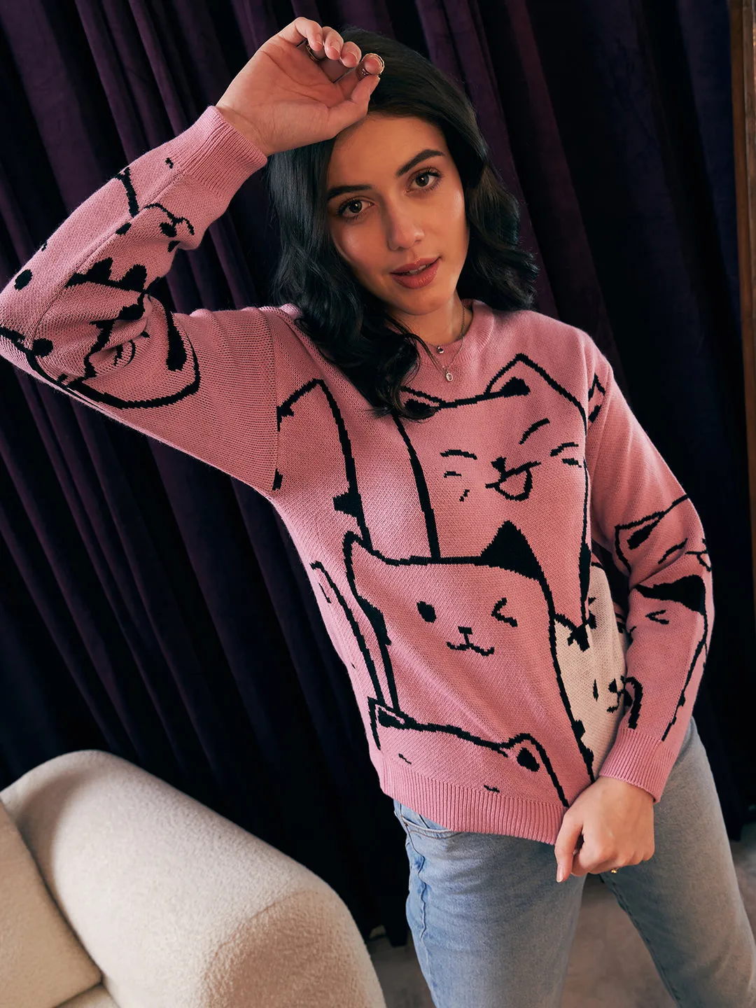 Berrylush Women Pink & Black Cat Printed Round Neck Drop-Shoulder Sleeves Ribbed Hem Regular Sweater