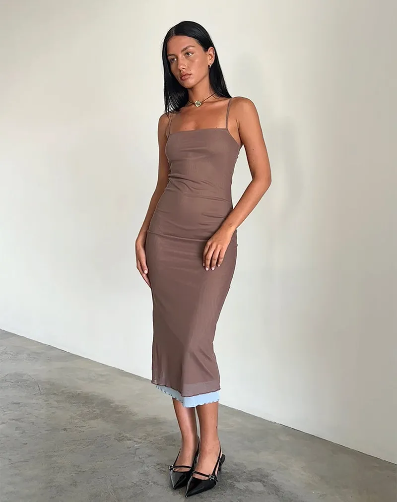 Bisilk Midi Dress in Mesh Brown with Light Blue