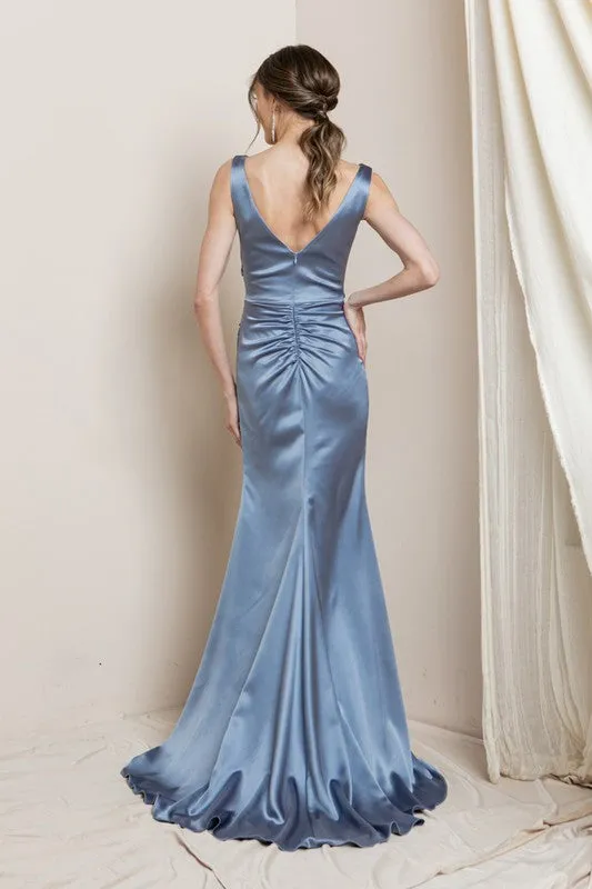 Blue V Neck Satin Maxi Evening Dress