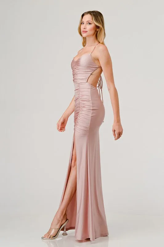 Blush Ruched Crossed Back Slip On Maxi Dress