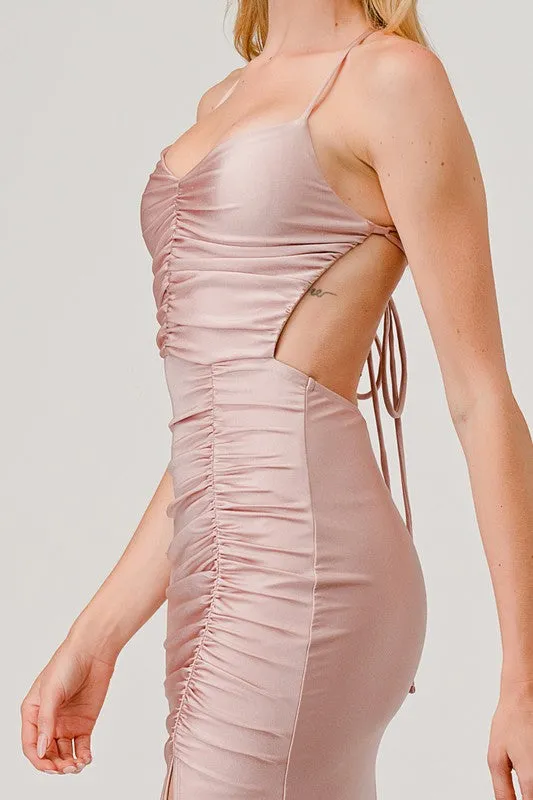 Blush Ruched Crossed Back Slip On Maxi Dress