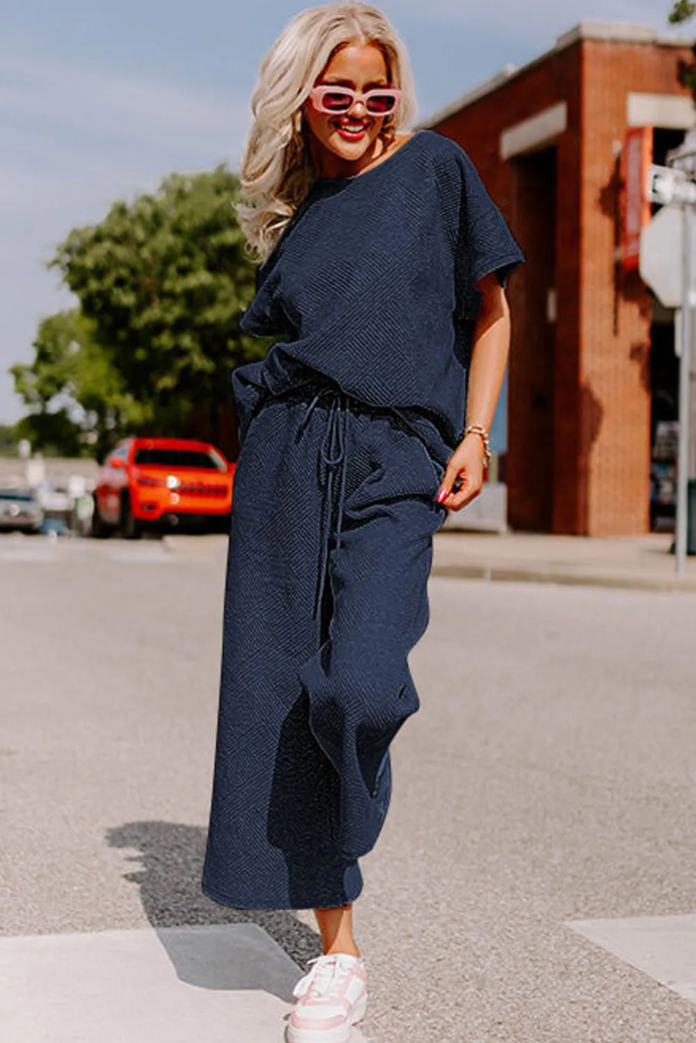 Brown Textured Loose Fit T Shirt and Drawstring Pants Set