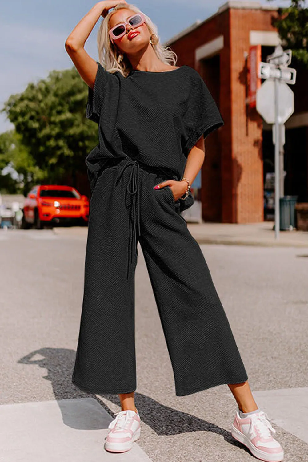 Brown Textured Loose Fit T Shirt and Drawstring Pants Set