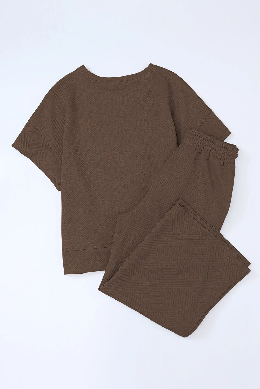 Brown Textured Loose Fit T Shirt and Drawstring Pants Set