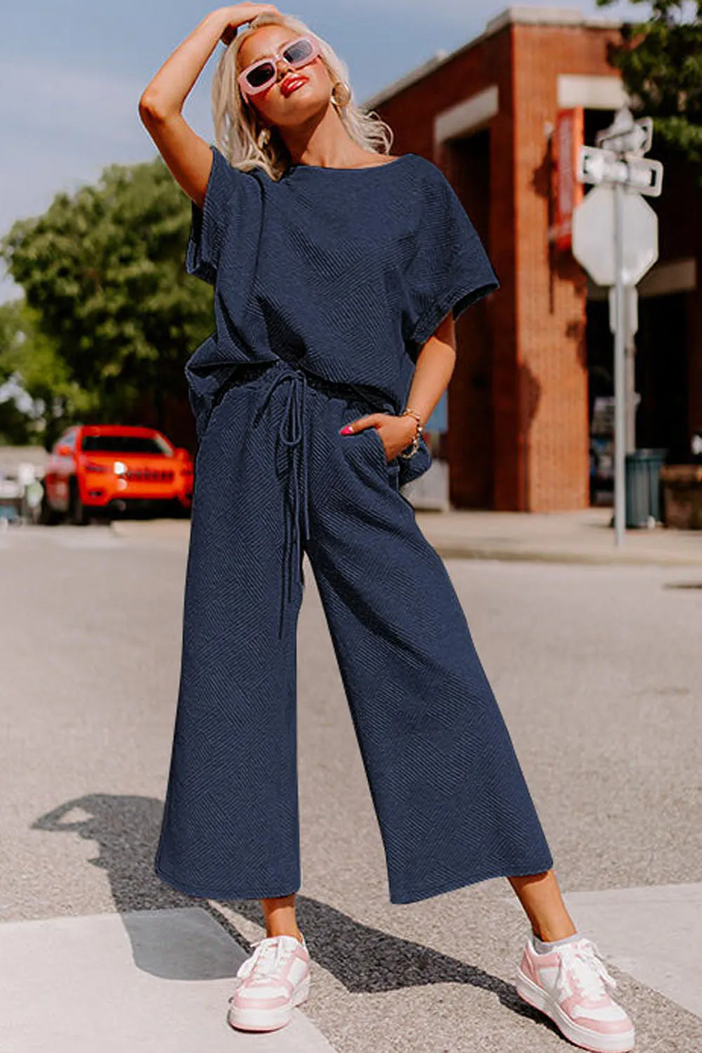 Brown Textured Loose Fit T Shirt and Drawstring Pants Set