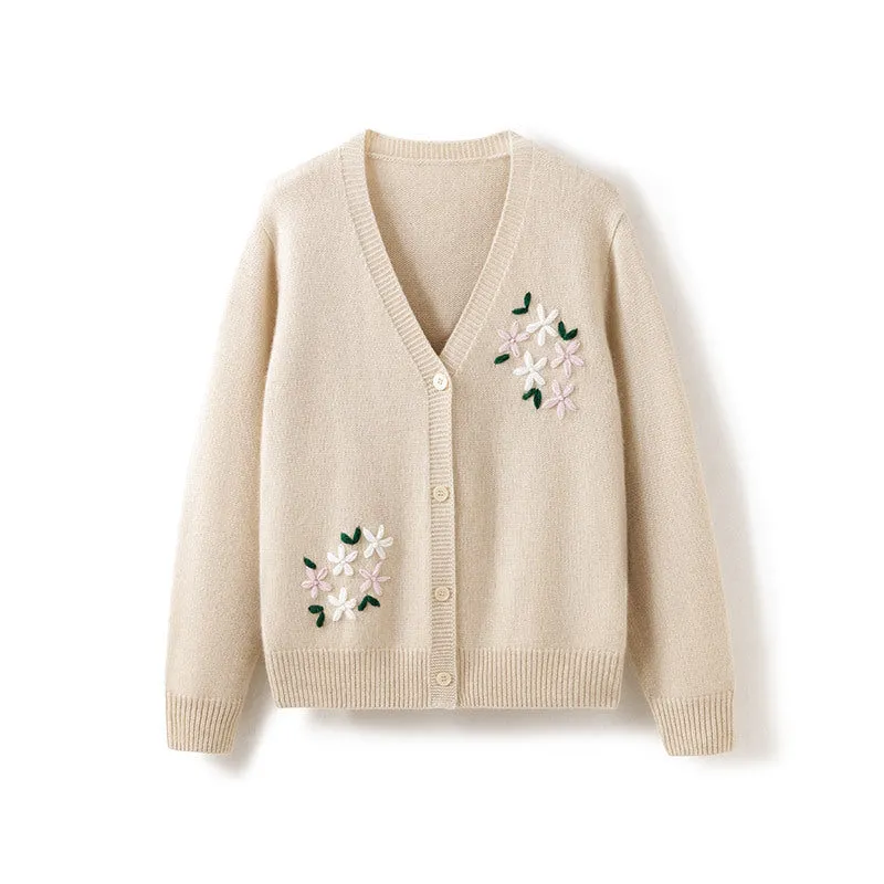 Cashmere Sweater knitted Long Sleeve Loose  Embroidered Short Outer  Sweaters