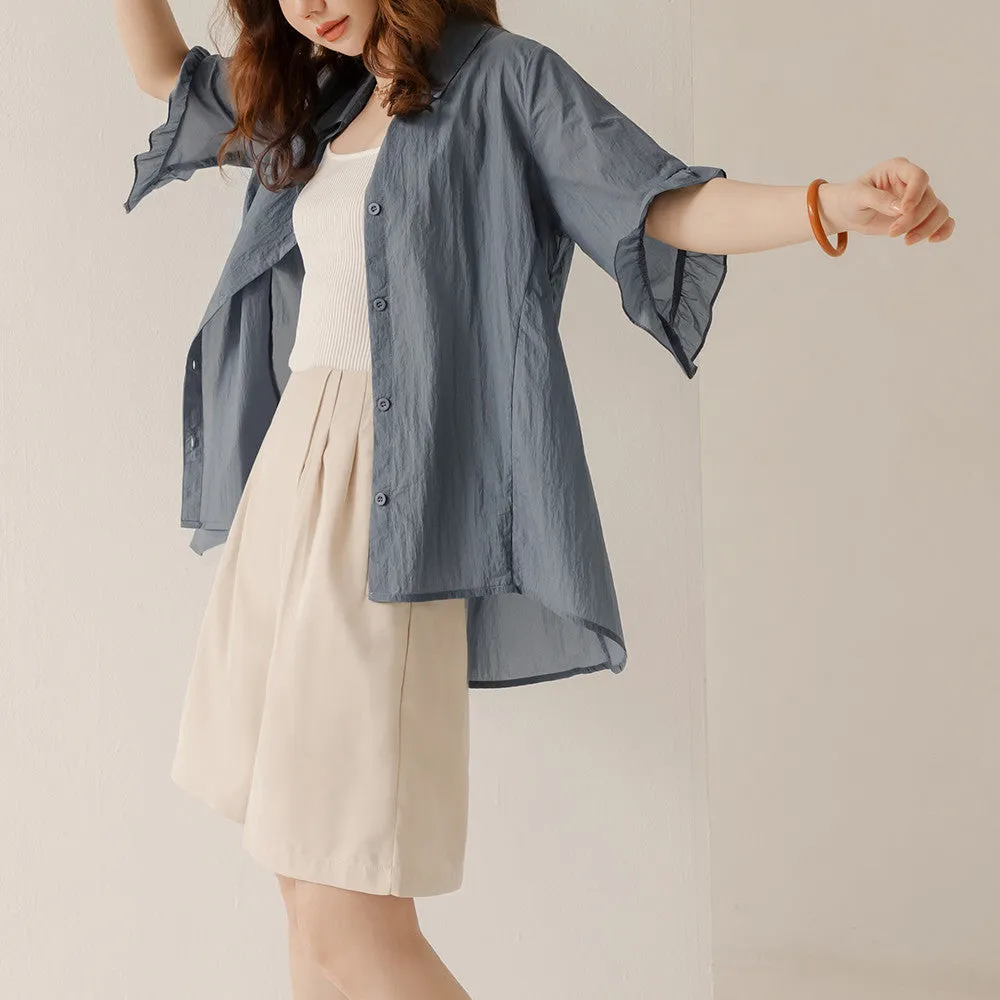 Casual Basic Lightweight Cooling Ruffle Button Shirt Top