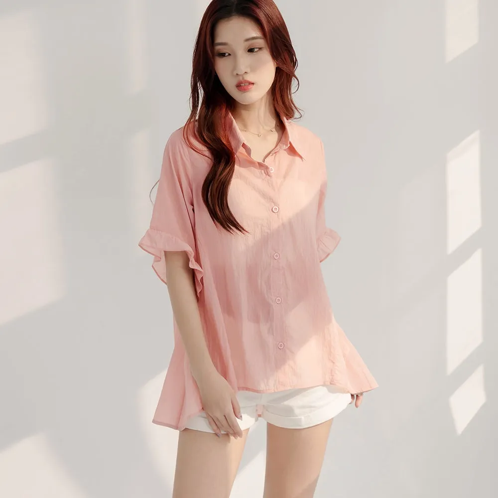 Casual Basic Lightweight Cooling Ruffle Button Shirt Top