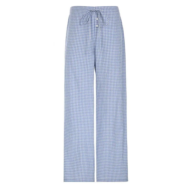 Casual Blue Plaid Pants Women Homewear Korean Fashion Basic Buttons Lace-Up Full Length Trousers Bottoms Straight