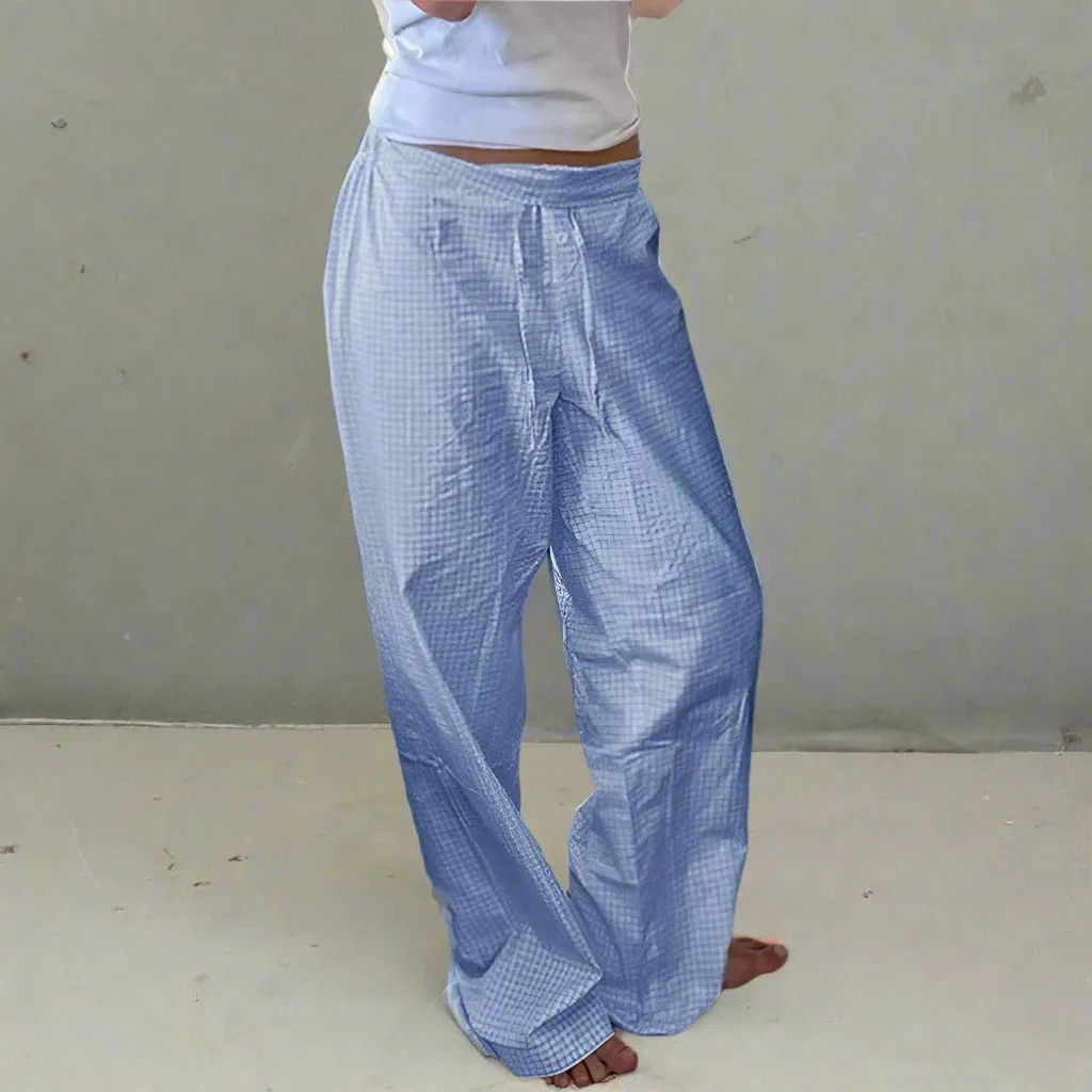 Casual Blue Plaid Pants Women Homewear Korean Fashion Basic Buttons Lace-Up Full Length Trousers Bottoms Straight