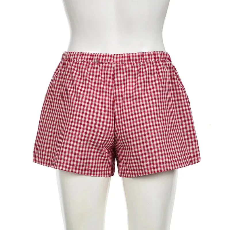 Casual Cotton Red Plaid Shorts Women Bow Korean Fashion Y2K Short Pants Cutecore Homewear Bottoms Checkered Clothing