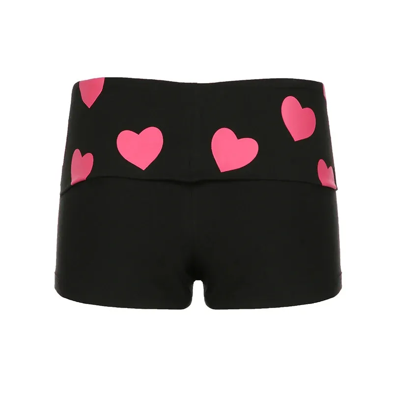 Casual Heart Printed Skinny Summer Shorts Women Kawaii Korean Style Foldover Waist Hottie Y2K Hotpants Homewear Girls