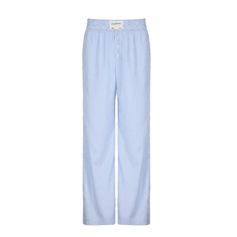 Casual Stripe Buttons Straight Leg Women Trousers Homewear Elastic Waist Korean Fashion Full Length Pants Basic New