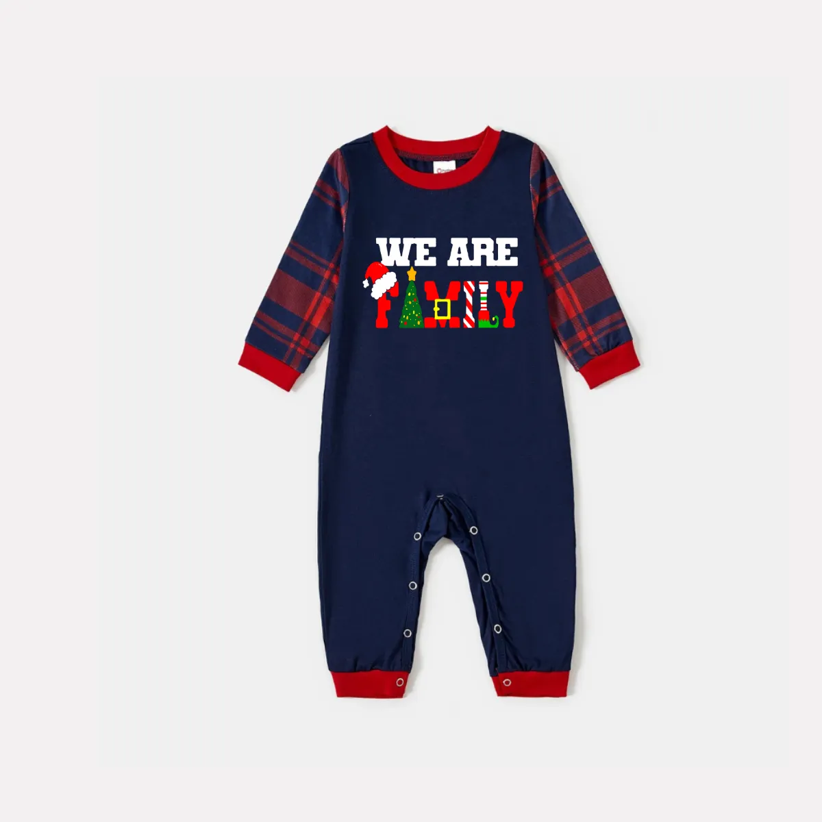 Christmas "We are Family" Text Print Blue Long Sleeve Top with Red & Blue Plaid Family Matching Pajamas