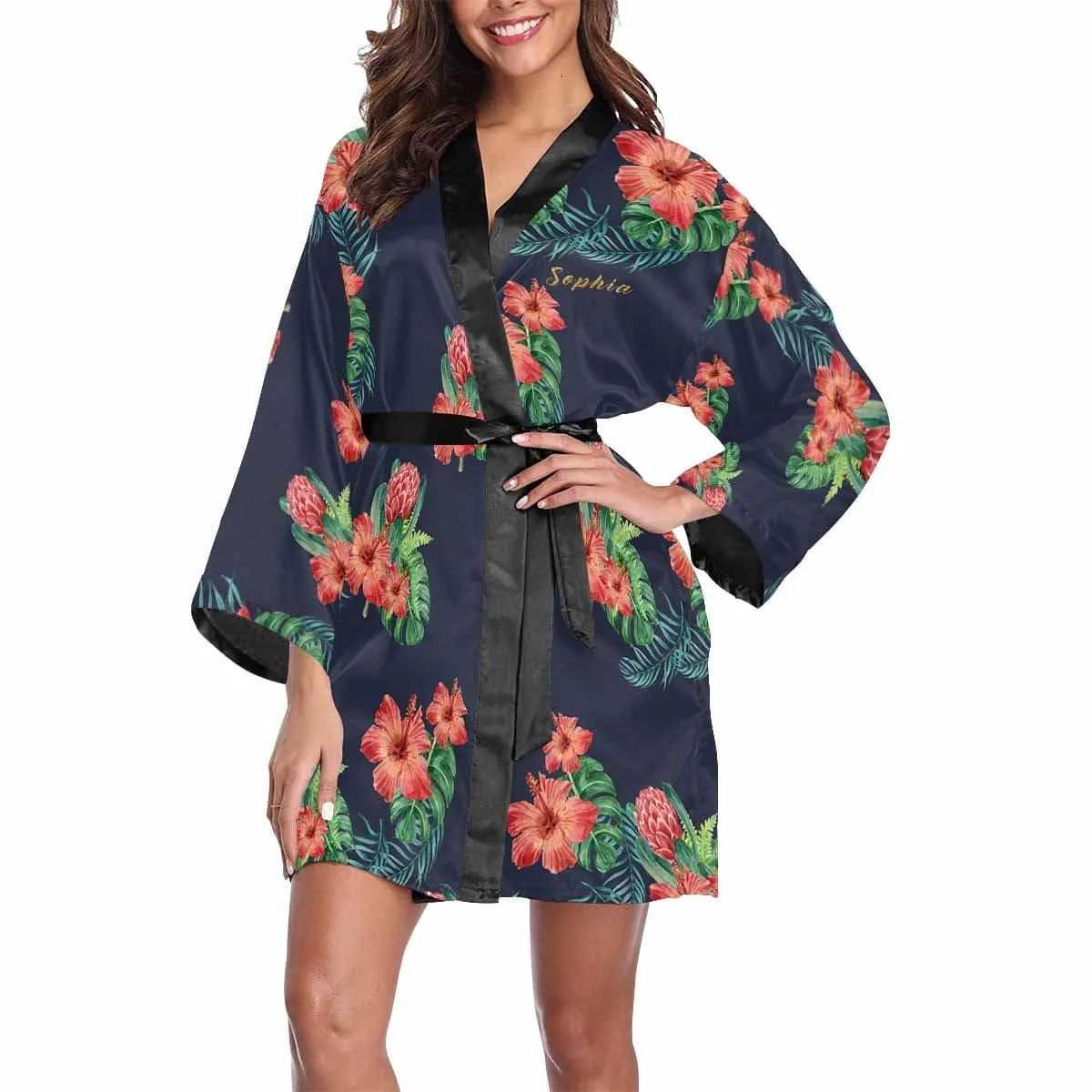 Custom Text Small Flowers Beauty Women's Summer Short Sleepwear Personalized Pajamas Kimono Robe