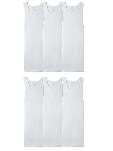 Fruit of the Loom Men's Sleeveless Tank A-Shirt, Tag Free & Moisture Wicking, Ribbed Stretch Fabric, 6 Pack-White, Large