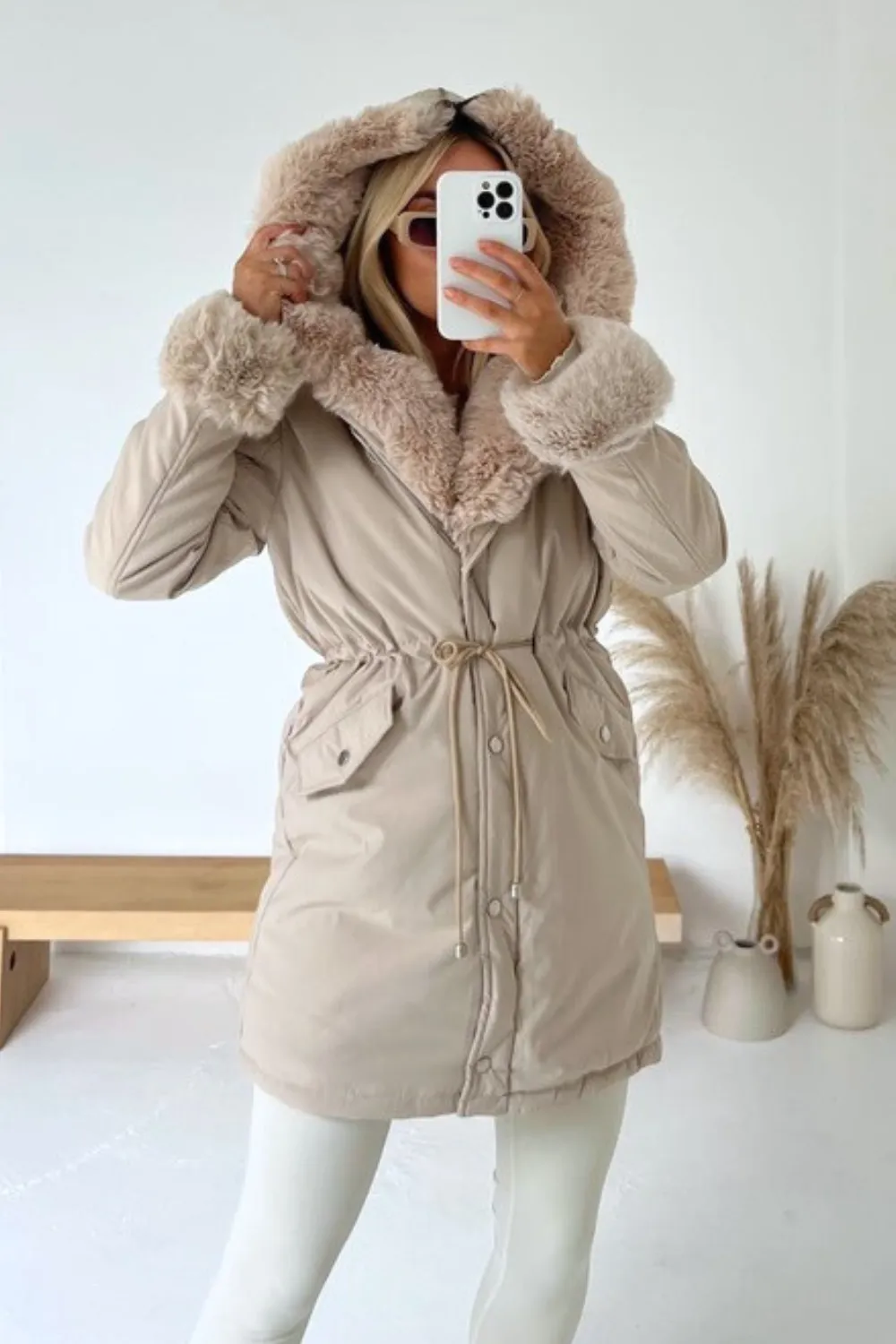 Grace cream parker coat with fur trim hood