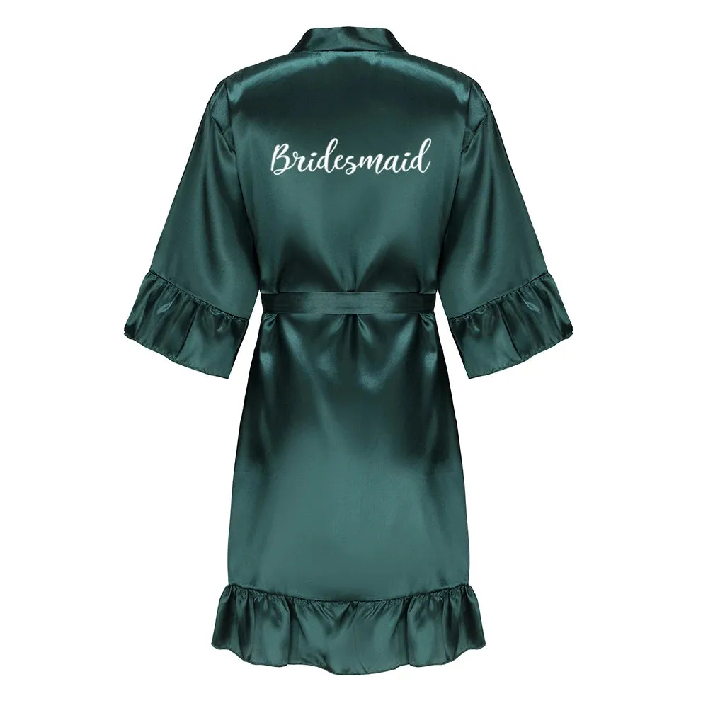 Green Bridesmaid Mother of The Bride Robes With Ruffle White Letters Satin Bridal Party Bathrobe Wedding Gift