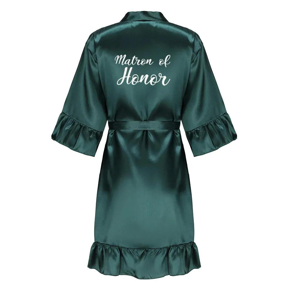 Green Bridesmaid Mother of The Bride Robes With Ruffle White Letters Satin Bridal Party Bathrobe Wedding Gift