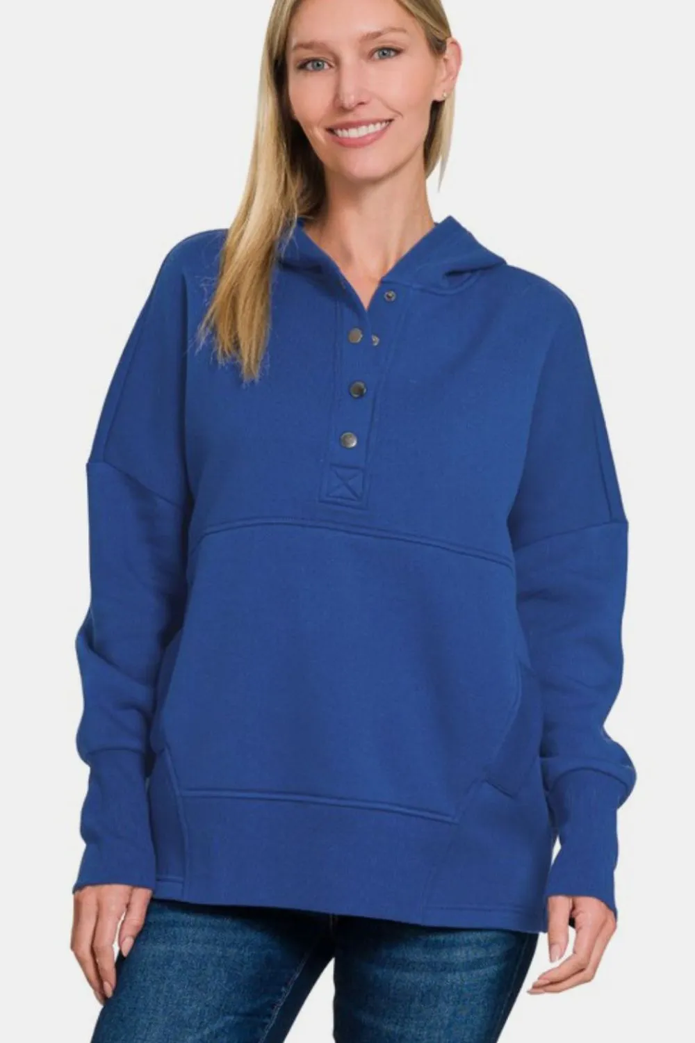 Half Snap Long Sleeve Hoodie with Kangaroo Pocket