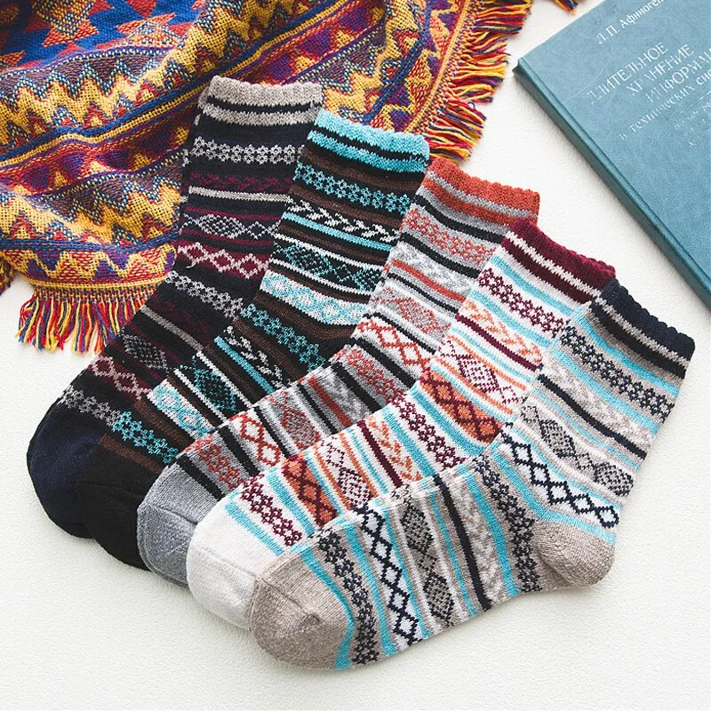 HSS Brand Fashion Winter Mens Socks Warm Thick Wool Sokken Mixture Striped Thicken Casual Dress Socks for Male US size(7.5-12)