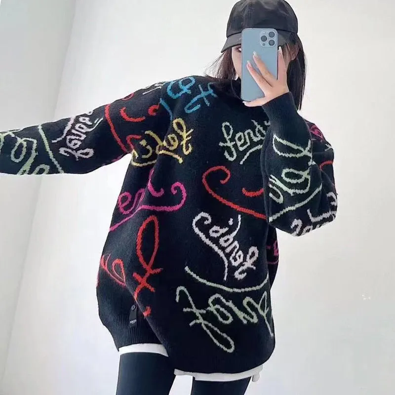 Knitting Temperament Commuter Autumn And Winter New Colorful Letters Jacquard Round Neck Knit Sweater Men And Women