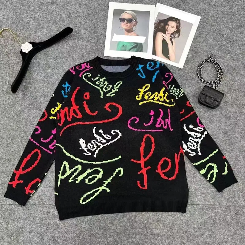 Knitting Temperament Commuter Autumn And Winter New Colorful Letters Jacquard Round Neck Knit Sweater Men And Women