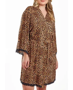 Large size leopard print robe with tie belt and lace trim at the hem i  Collection