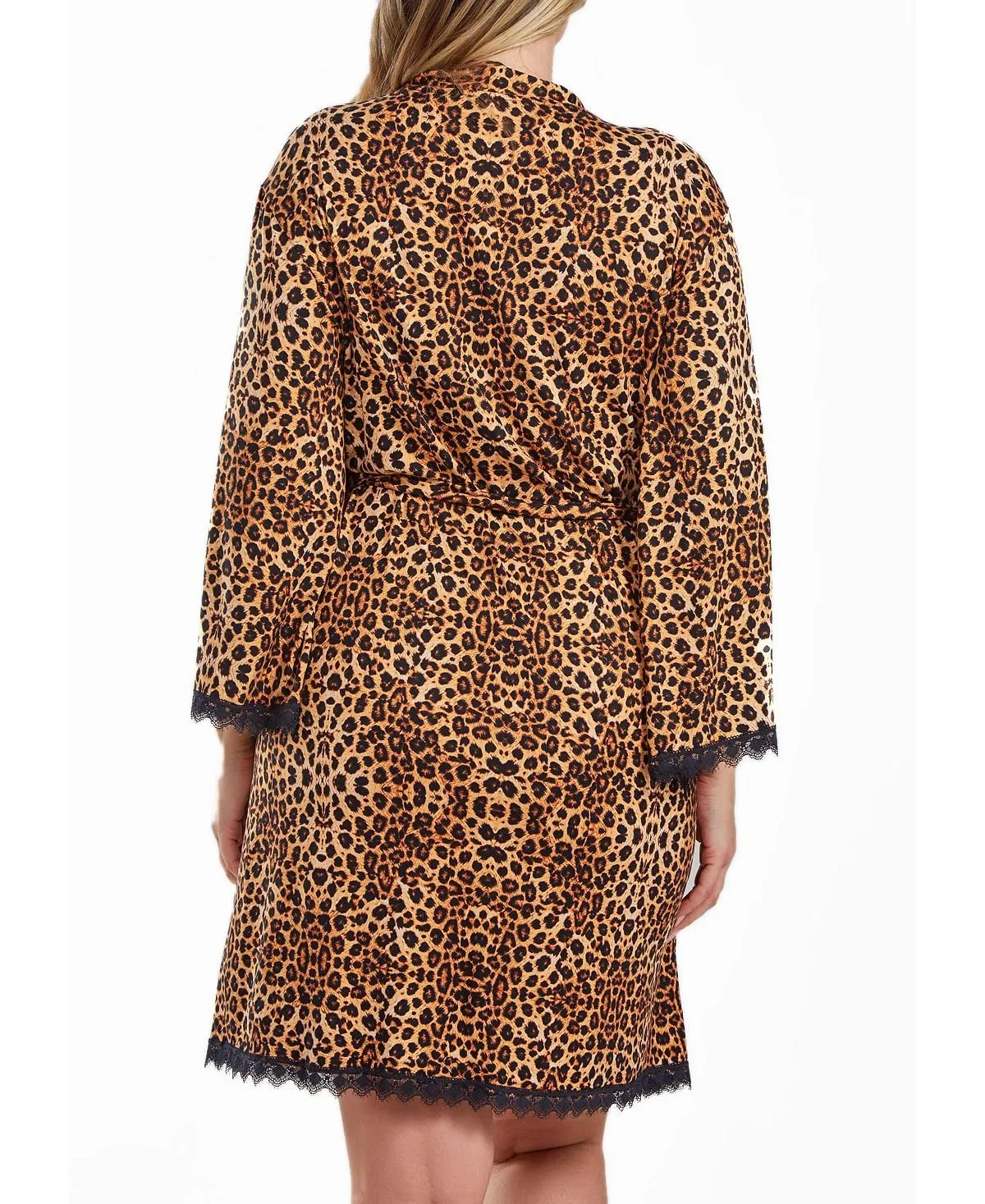 Large size leopard print robe with tie belt and lace trim at the hem i  Collection