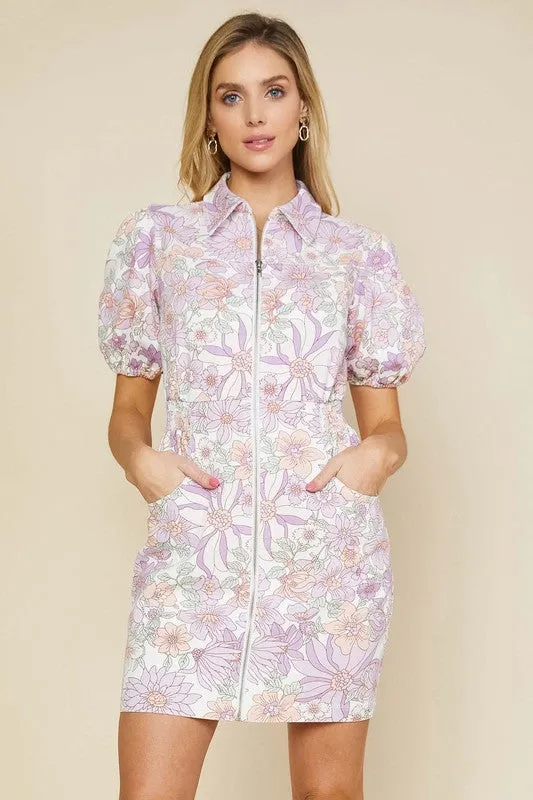 Lavender Floral Zip Up Shirt Dress