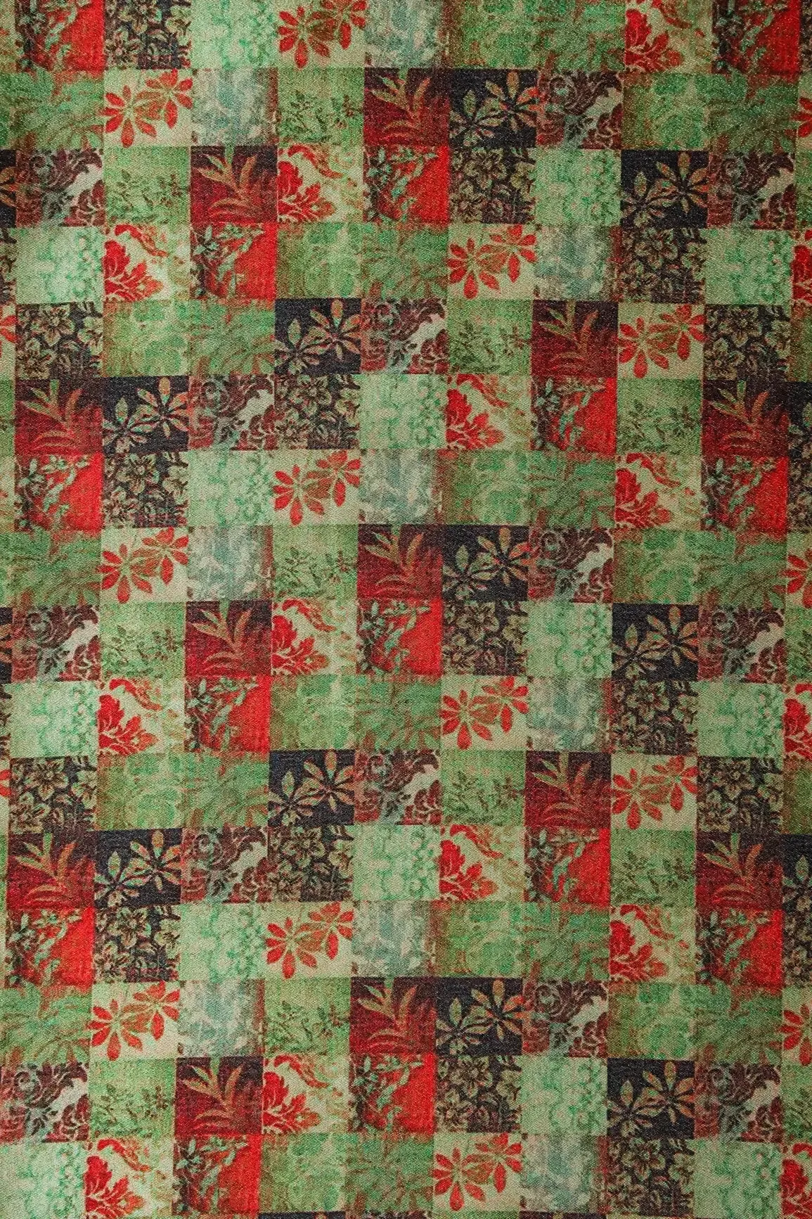 Light Green And Red Floral Checks Pattern Digital Print On Satin Fabric