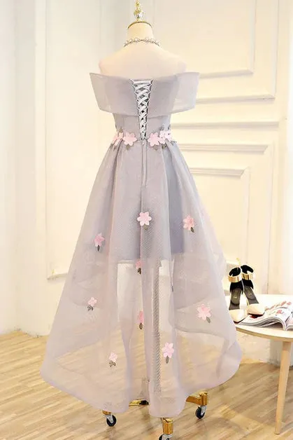 Light Grey Tulle with Flowers High Low Fashionable Party Dress Grey Homecoming Dresses