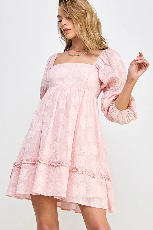 Light Pink Flower Textured Tiered Peasant Sleeve Dress