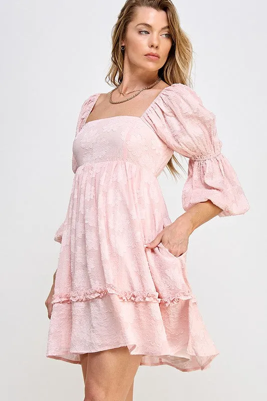 Light Pink Flower Textured Tiered Peasant Sleeve Dress