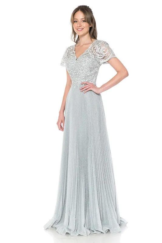 Light Silver Embroidered Sleeved Diamond Pleated Formal Dress