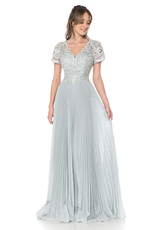 Light Silver Embroidered Sleeved Diamond Pleated Formal Dress