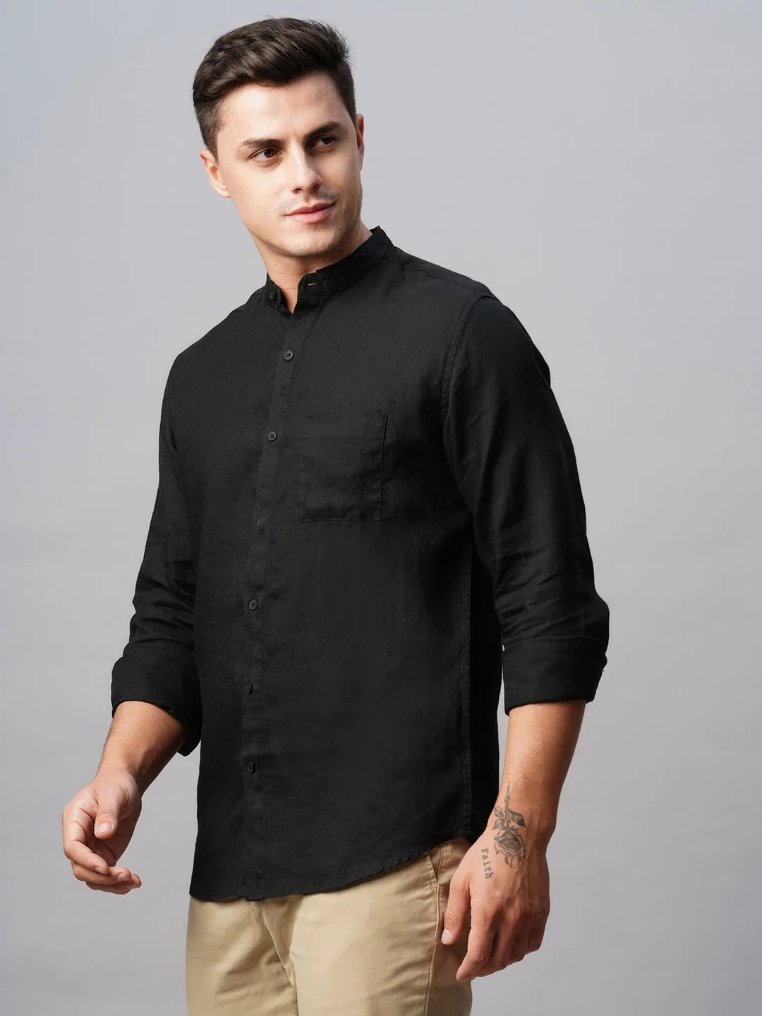 Men's Black 100% Linen Regular Fit Band Collared Long Sleeved Shirt