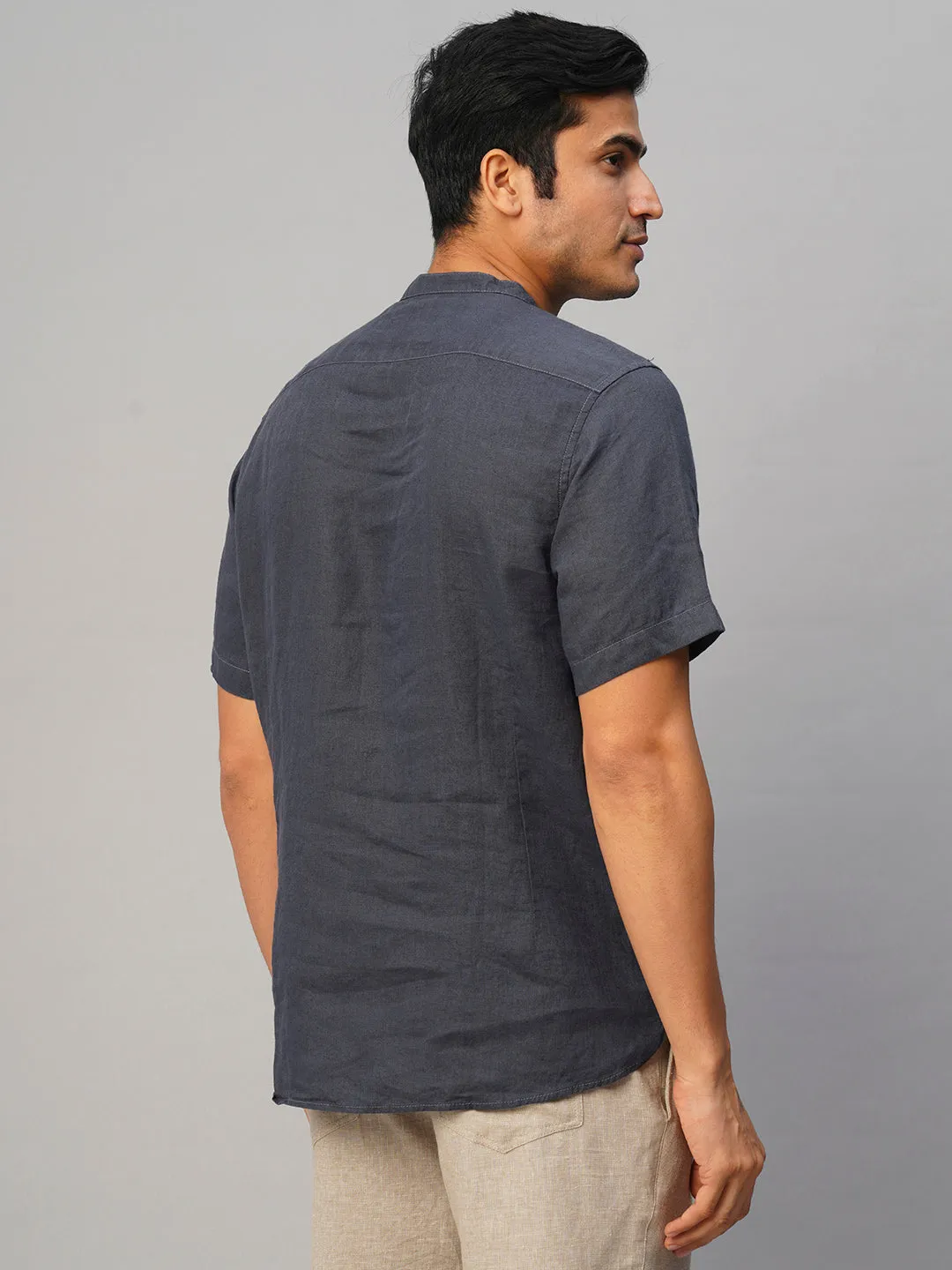 Men's Navy 100% Linen Slim Fit Shirt