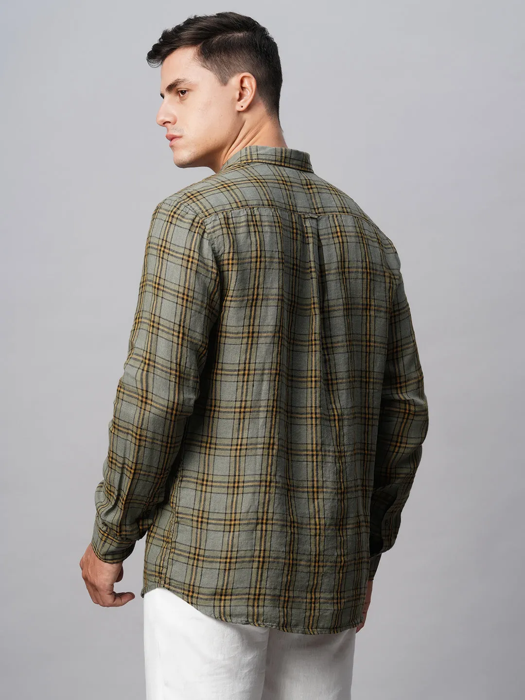 Men's Olive 100% Linen Regular Fit Checked Shirt