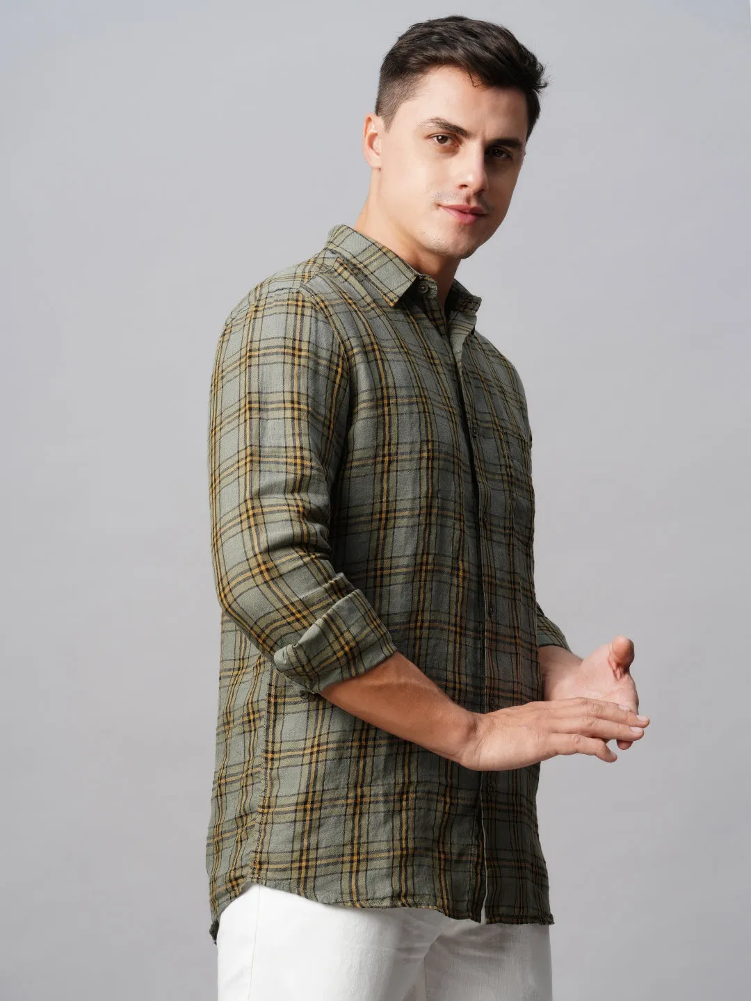 Men's Olive 100% Linen Regular Fit Checked Shirt