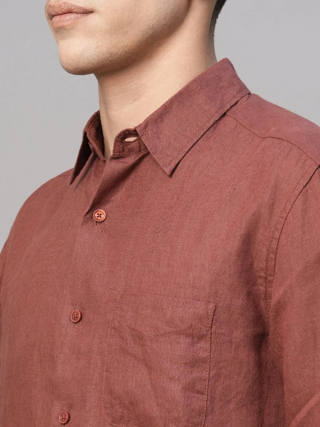 Men's Red 100% Linen Regular Fit Shirt