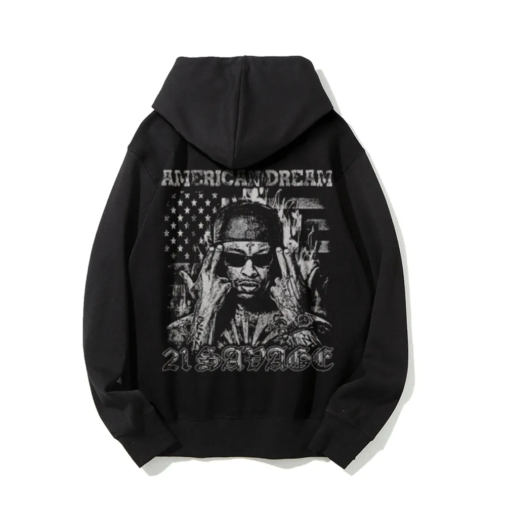 Mens Vintage American Dream Darkness Style Graphic Pullover With Kangaroo Pocket Hoodies