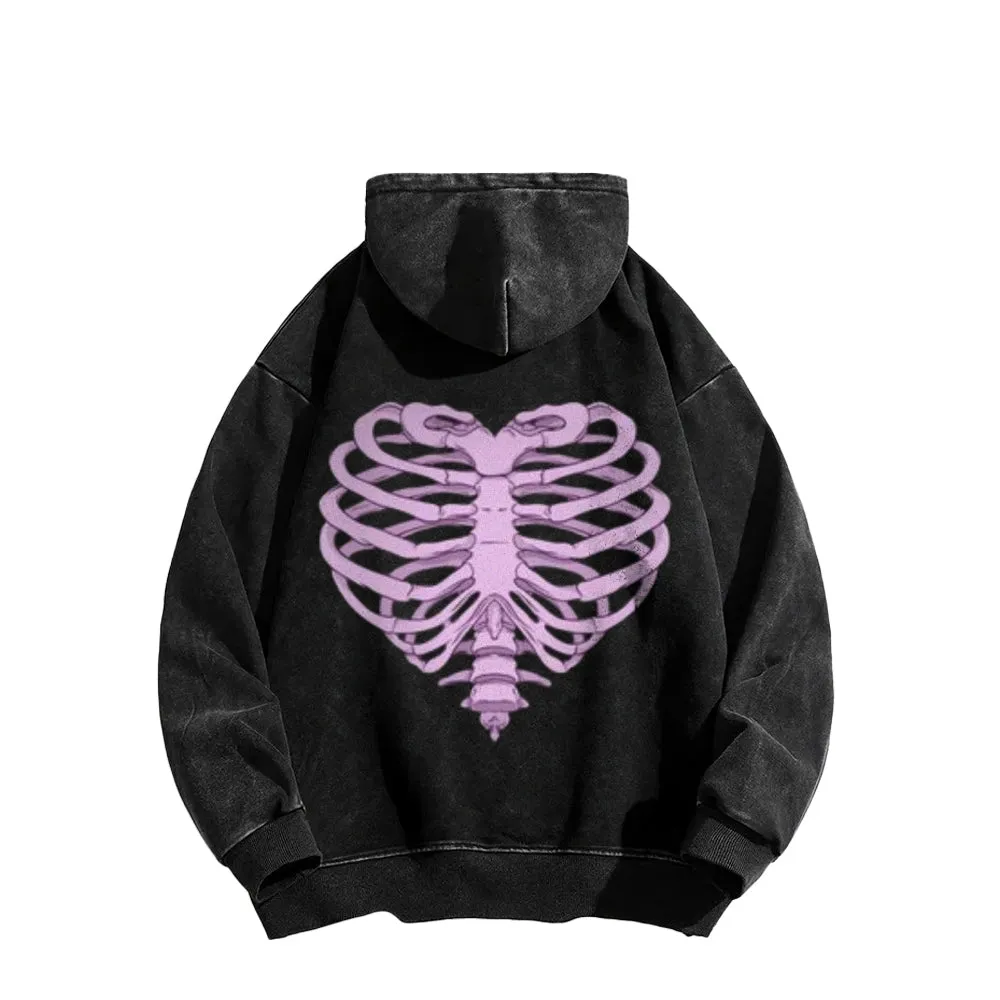 Mens Vintage Pink Heart Skeleton Print Hoodies